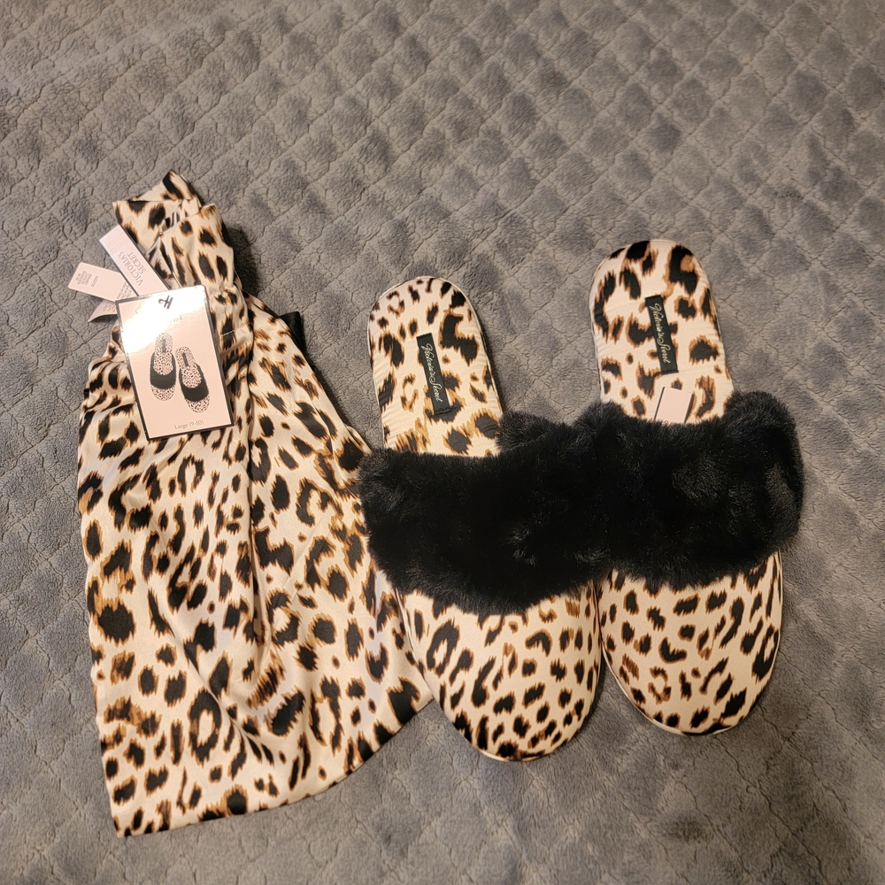Victoria's Secret Leopard Print Slippers with Black Fur Trim